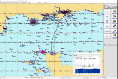 The same route displayed on an outline chart with tidal stream arrows